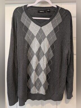 Claiborne Men's XXL Gray Argyle V-Neck 100% Cotton Pullover Sweater